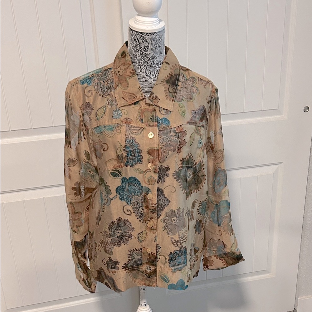 Bamboo Traders Beige Floral sheer Blouse XL